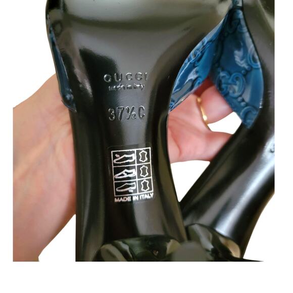 Vintage Gucci Horsebit GG Logo Blue Black Leather Slip-On Mule Heels 37.5 / 7.5 - Picture 11 of 13